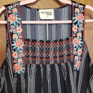 Savanna Jane Black Striped Tank with Coral & Teal Floral Straps